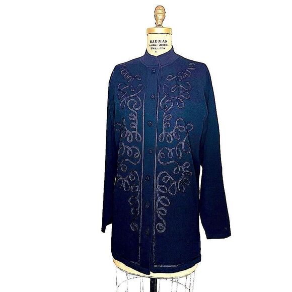 Black Merino Wool longline Jacket Cardigan - Lord & Taylor size Large - Picture 1 of 9